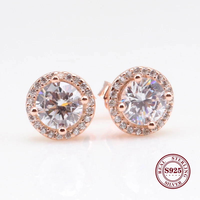 

Original 925 Sterling Silver Pan Earrings Transparent Shine Rose Gold Shine Crown Round Earrings For Women Gift Jewelry