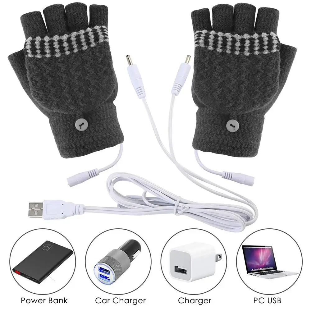 Мужские, женские, безопасные, с USB, 5 В, теплые перчатки для рук, зимние теплые варежки, для рук, для ноутбука, без пальцев, электрогрелки, перчатки
