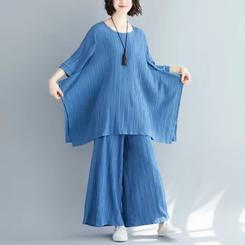 

[EWQ] 2020 Spring Summer New Arrivals O-neck Pullover T-shirt Long Pants Women Solid Color Fashion Casual Irregular Set AW43305