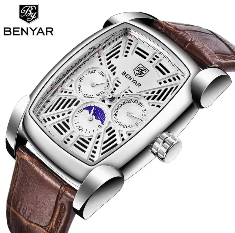

Retro Rectangular Dial Men's Moon Phase Luminous Quartz Watches with Calendar Date Analog Military Leather Strap Wristwatch Man