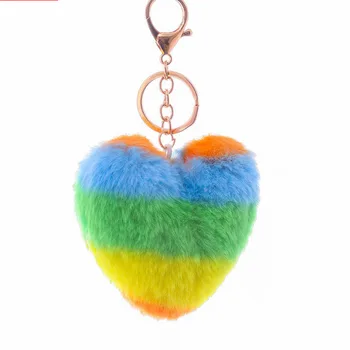 

Imitation wool multicolor mosaic Love Pendant colorful Plush peach heart key chain rainbow heart shaped bag car
