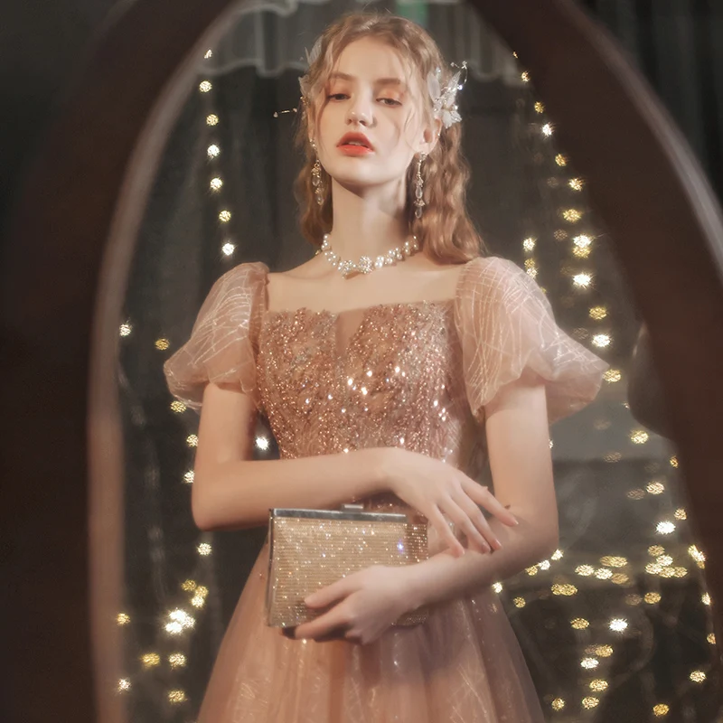 Elegant French Prom Ball Gown Women Square Collar Puff Sleeve Sequined Party Dress Formal Slim Evening Dresses
