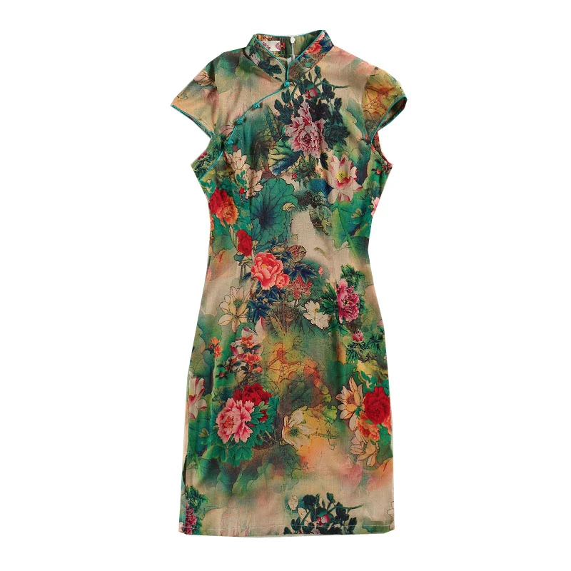Chinese dress 5XL Women's Cotton Oriental Style Dresses Printing Elastic Qipao Short Cheongsam Restore Ancient Traditional