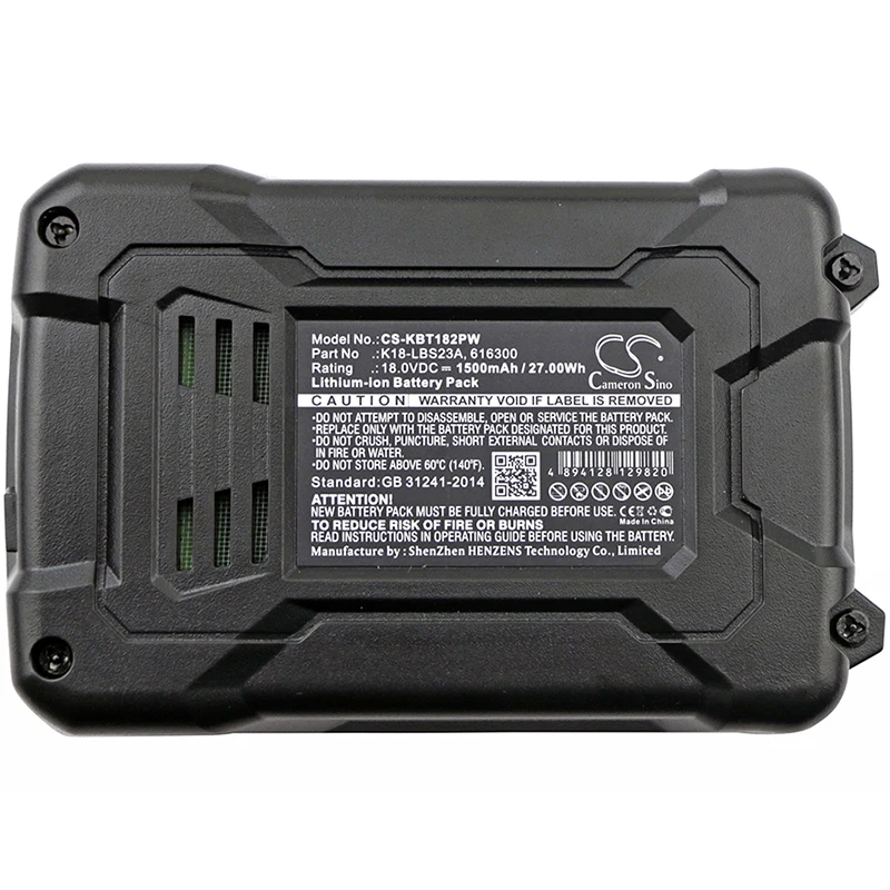 

Cameron Sino Battery for KOBALT 616300 K18-LBS23A fits KARCHER K18LD-26A Power Tools Replacement battery 1500mAh/27.00Wh Li-ion