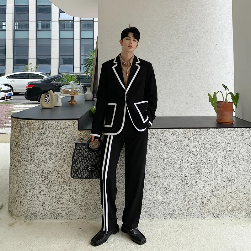 Male Street Clothes Hip Hop Stripe Splicing Casual Tuxedo Blazer Suit Jacket Pants Warm Clothes 2 Pieces Suits Sets Hombres