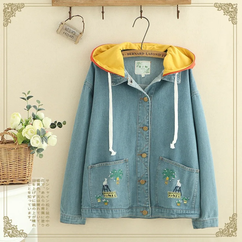 

2018 Autumn Clothing New Style Japanese-style Mori Girl Line Cartoon Embroidered Pocket Hooded Mixed Colors Jeans Coat Women's