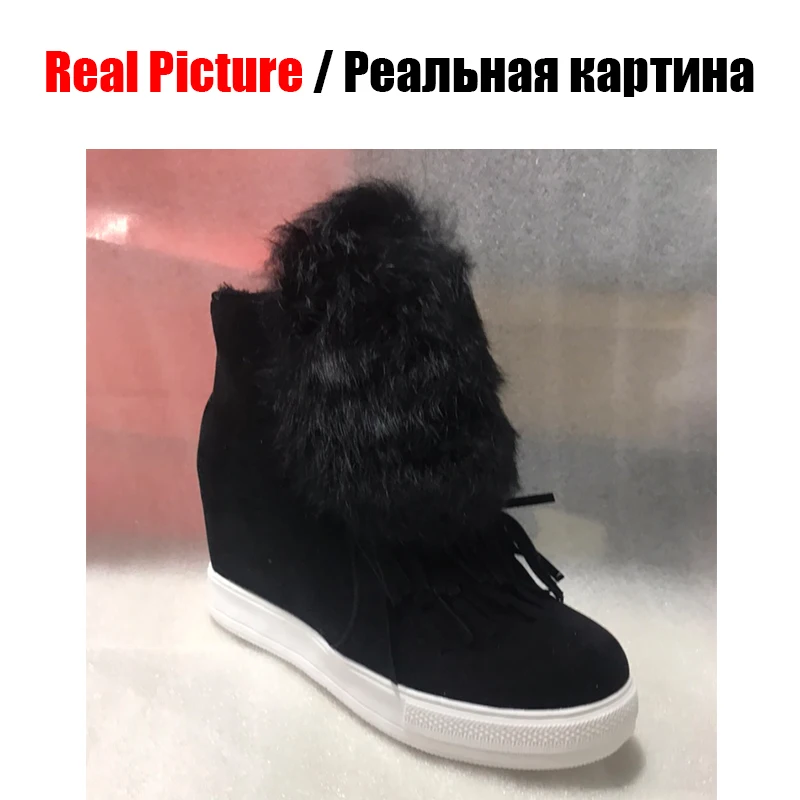 DoraTasia/размеры 32-45, женские ботильоны, меховая обувь на платформе с круглым носком и бахромой, женские зимние сапоги на скрытой танкетке и высоком каблуке
