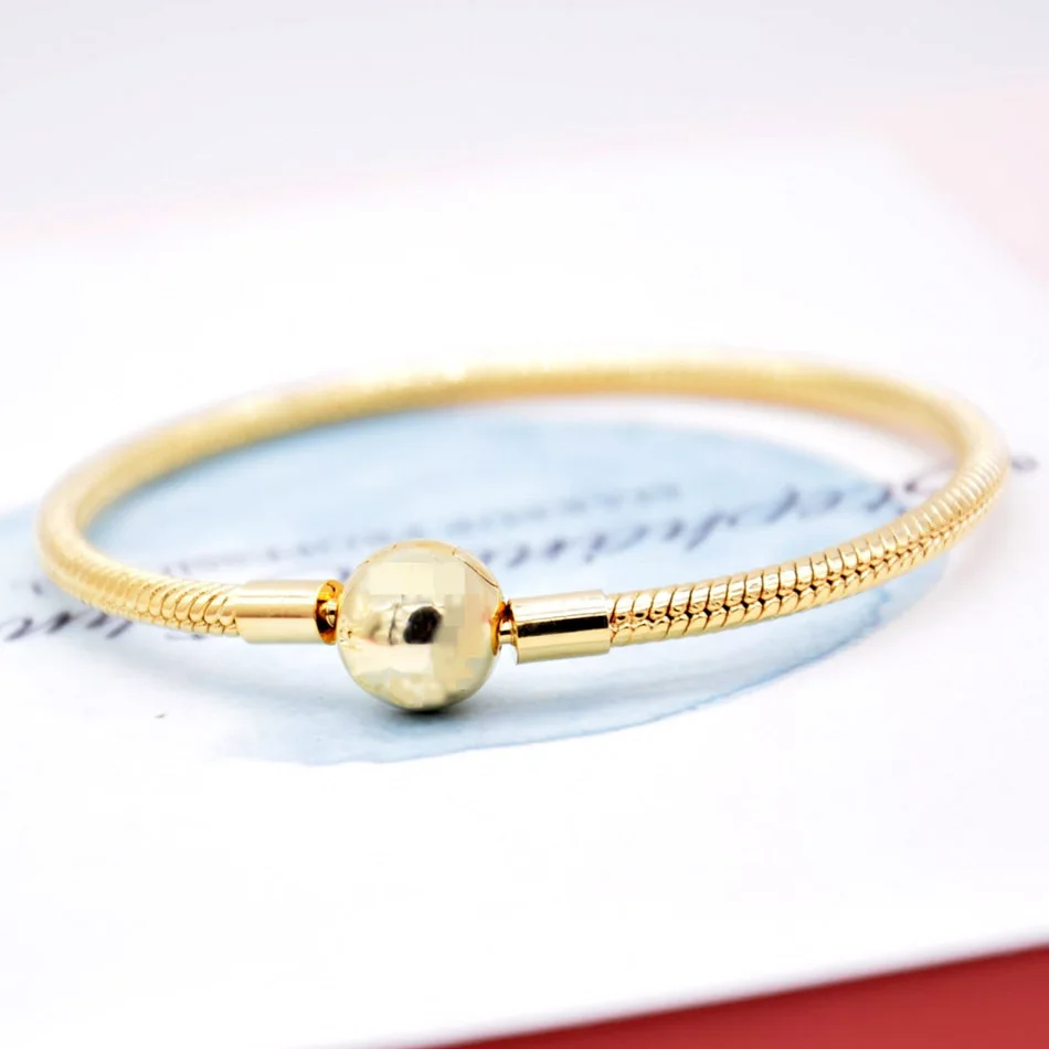 925 пробы серебряный браслет золотого цвета Moments с гладкой застежкой в виде шарика, браслет-цепочка в форме змеи, браслет с бусинами, очаровательное ювелирное изделие своими руками