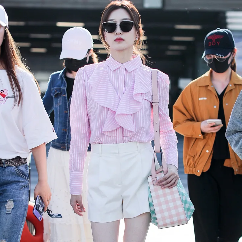 

Pink Striped Lotus Leaf Shirt Fresh Temperament Woman 2019 Striped Turn-down Collar Full Woman Clothes Shirt