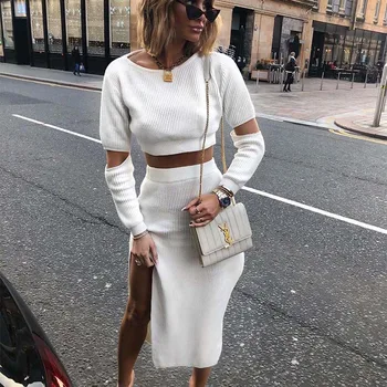 

Meyoung White Two Piece Set O Neck Long Sleeve Rib Top Split Skirt Set Solid Color 2 Piece Outfits For Women Streetwear Vestido