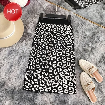 

Autumn winter Ol elegant skirt women 2019 Womens high waist knit leopard-print split lady slim stretch skirt female skirts