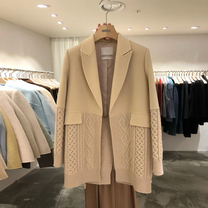 Best  South Korea Autumn and Winter 2019 New Fashion Knitted Patchwork Loose Coat Suit Coat Woman Plus Si
