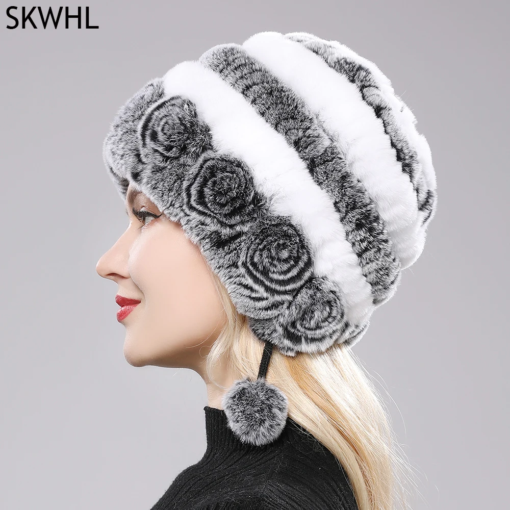 Hot Sale Winter Women Flowers Striped Natural Real Rex Rabbit Fur Hats Lady Warm Knit Genuine Fur Caps Russian Outdoor Fur Hats 1