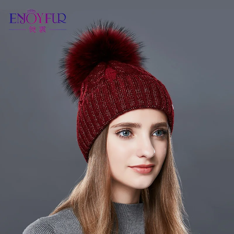 ENJOYFUR модные зимние Шляпы Шапки женские меховая женская шапка Толстая теплая шапочка с меховым помпоном Gorro