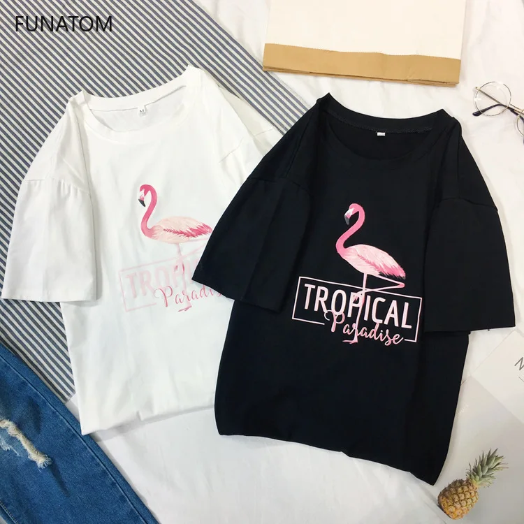 2019 Модные женские футболки с принтом Фламинго белые хлопковые Летние