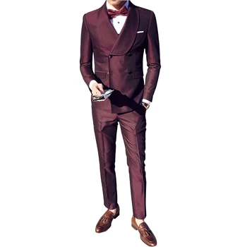 

[XZ65] Shawl Lapel Retro Double Breasted Formal Men Suit 2 Pcs Set Wedding Groom Banquet Dinner Tuxedo Vintage Prom Jacket+Pants