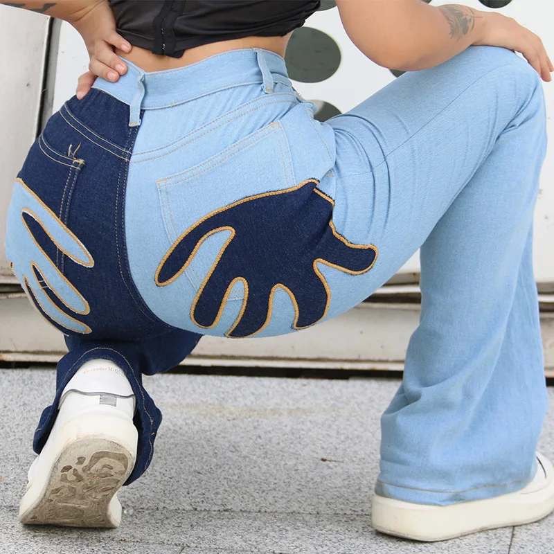 Hand Print Contrast Stitching Jeans Woman High Waist Flare Denim Trousers  Pants Streewtear Bag hip Casual Pantalon Pour Femme|Jeans| - AliExpress
