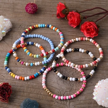 

5Pcs Rainbow Color Porcelain Round Beads Elastic Stretch Bracelet Bohemia Women Small Ceramic Beads Handmade Bracelet Jewelry