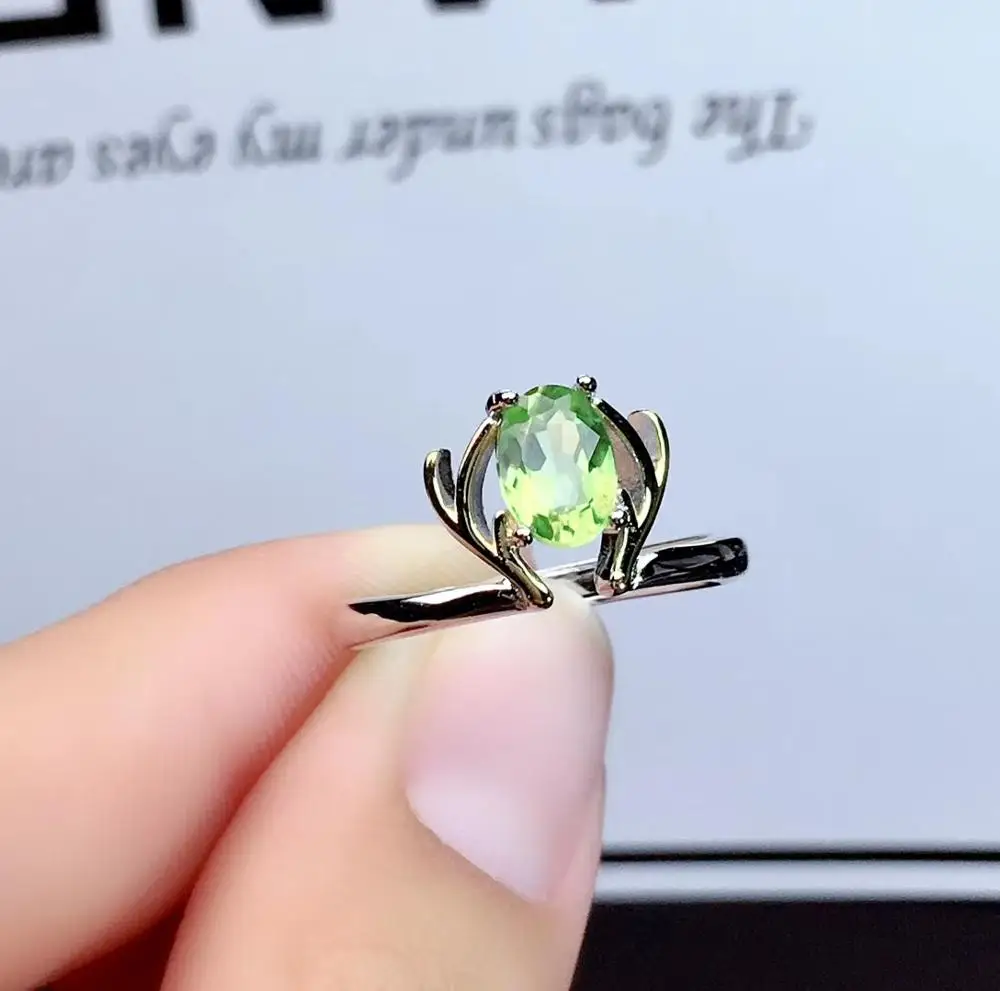 

Fashion Elegant Lovely crown Crotch Natural green peridot ring S925 silver natural olivine ring girl women party gift jewelry