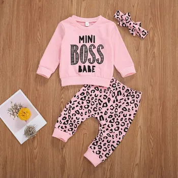 

Little Girl Sweatshirt + Trousers + Bow Hair Accessories Pink Leopard Print Elastic Waist Thread Closing Clothing
