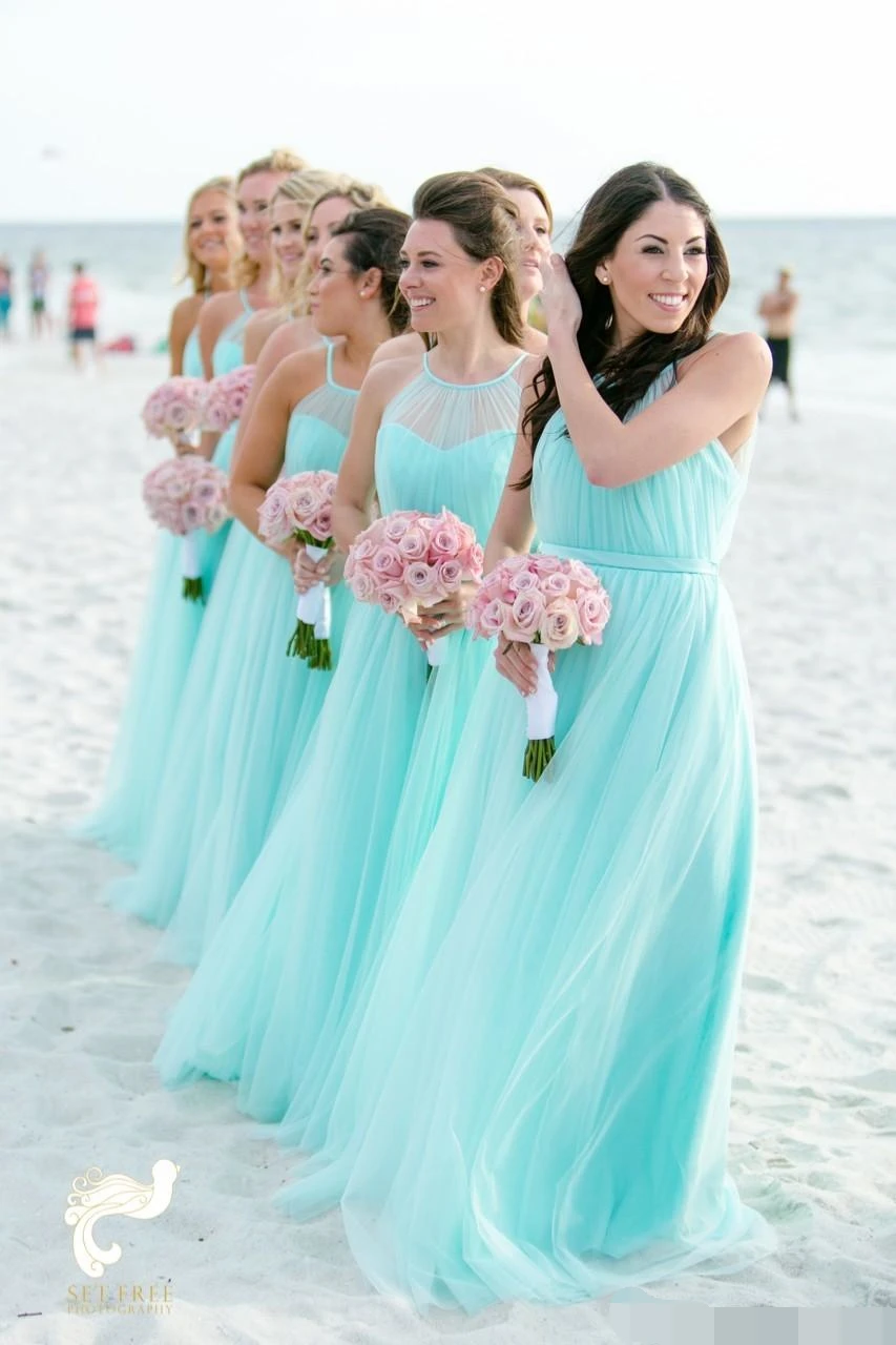 Moda vestidos turquesa dama de honor 2019 de grande de la playa de tul boda Fiesta de invitados vestido largo plisado vestido de|Vestidos para dama de honor| -