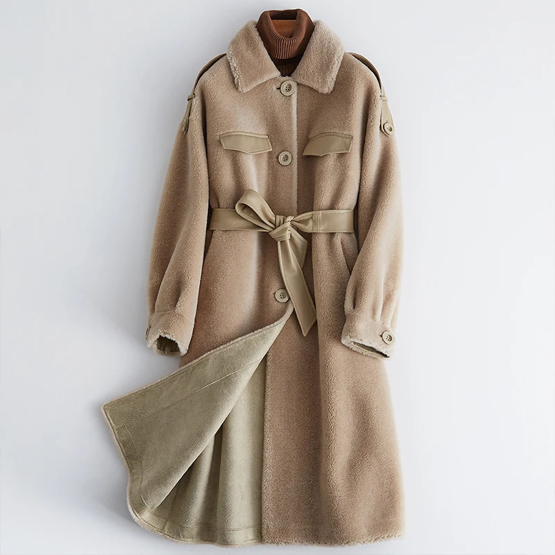 AYUNSUE/пальто из овечьей шерсти, зимнее пальто, женская одежда, Корейская длинная куртка, женская верхняя одежда с поясом, Manteau Femme MY - Цвет: creamy camel