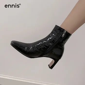

ENNIS Stone Pattern High Heeled Ankle Boots Women Black Leather Boots Square Toe Brown Boots Autumn Winter Zip Shoes New A0233