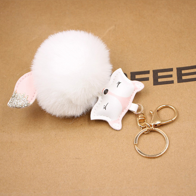 Ball Keychain Charm Key Ring Cute Leather Fox Keyring Plush Fluffy Pompom Faux Rabbit Fur Ball Bag Car Key Charms Accessory