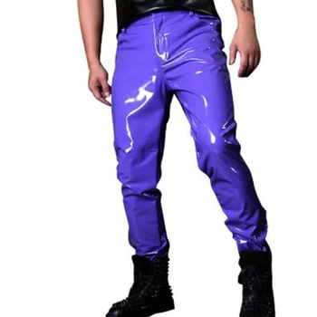 

Custom Made Stage Costumes Men Purple Casual Leather Pant Male Fashion Show Singer Dancer Hip Hop Style Slim Fit Trousers