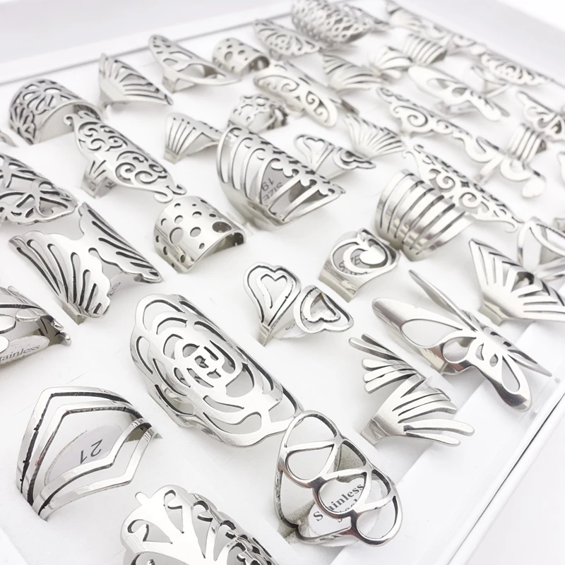 20pcs Fashion Stainless Steel Rings for Women Mix Styles Carved Flowers Butterfly Unique Party Jewelry Lot