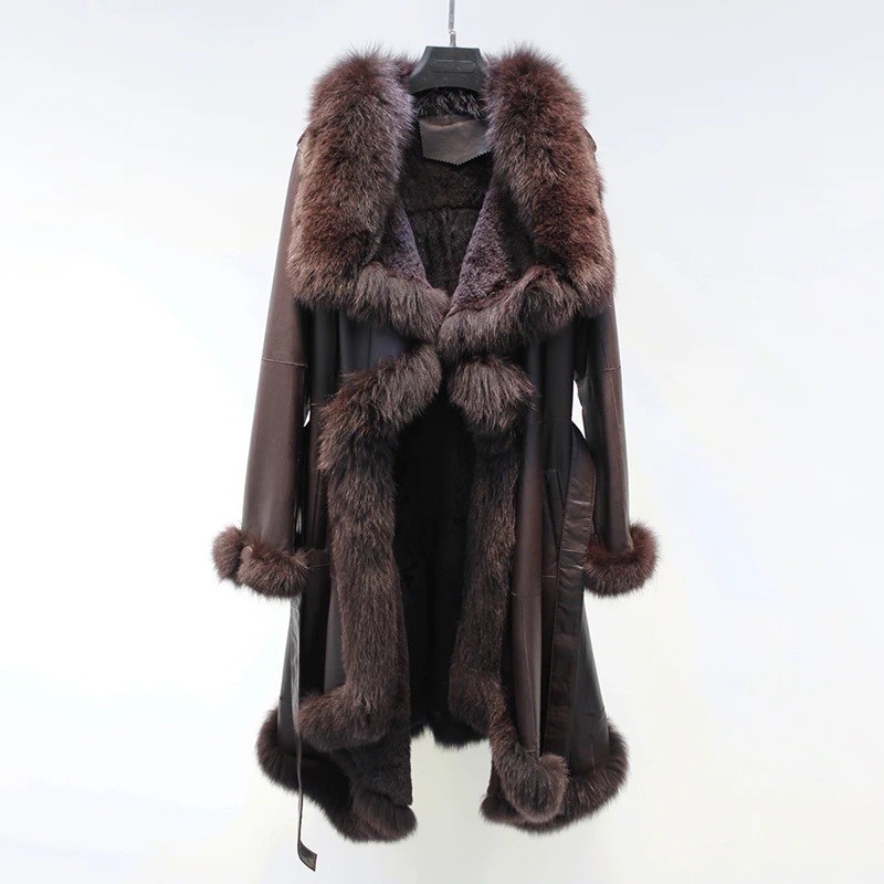 Женская зимняя мода роскошный воротник из лисьего меха овечий мех Овчина натуральная кожа шерстяная подкладка Длинная куртка пальто