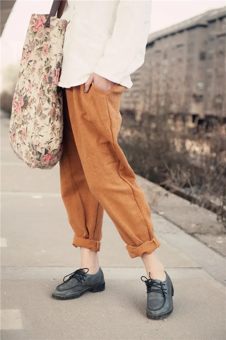 NINIWONDERLAND женские весенние осенние утолщенные жаккардовый хлопковый льняной повседневные шаровары с эластичной талией винтажные свободные брюки женские