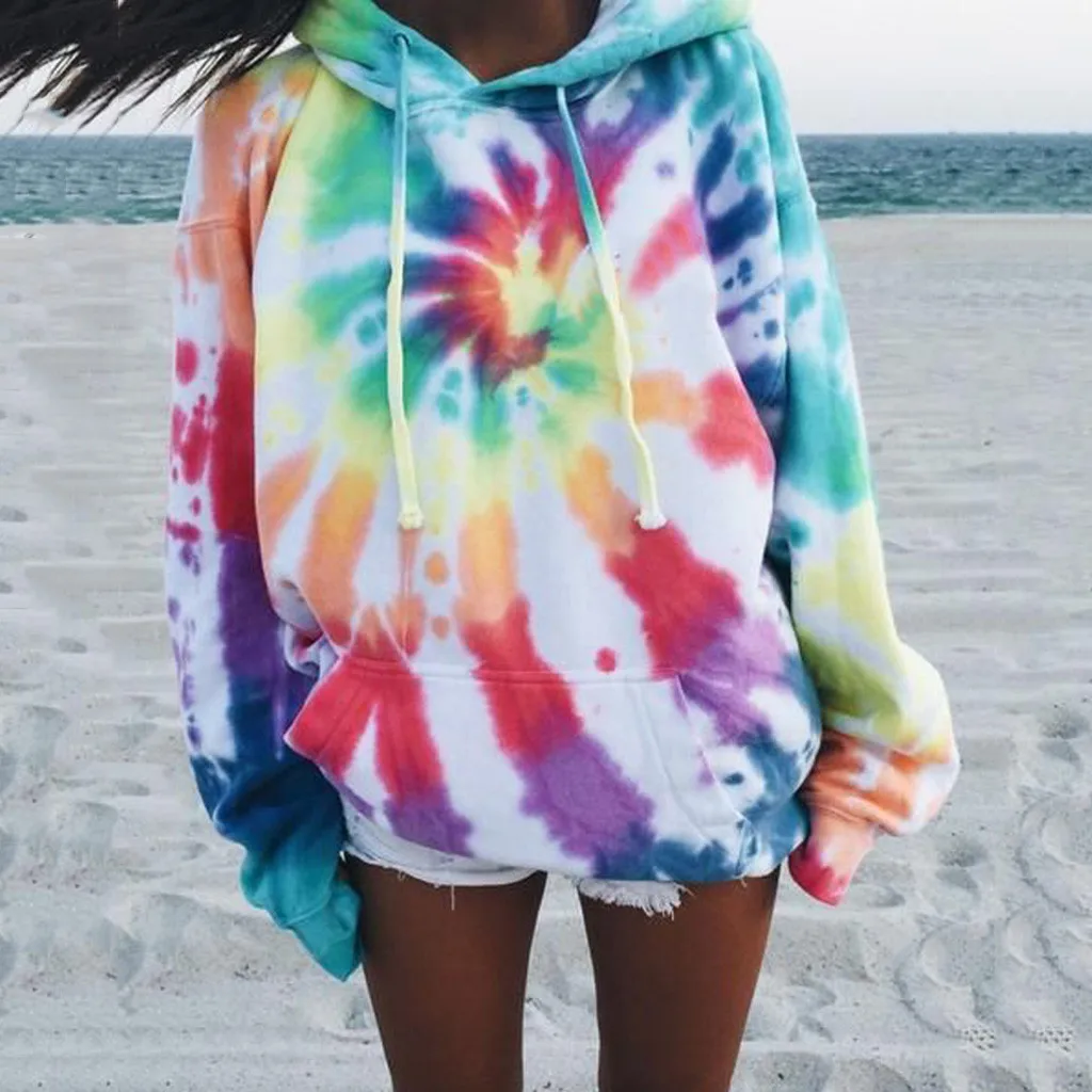 

Women Loose Tie-Dye Printed Hoodies Casual Long Sleeve Sweatshirts Harajuku Lady With Pocket Pullover Tops Autumn Streetwear