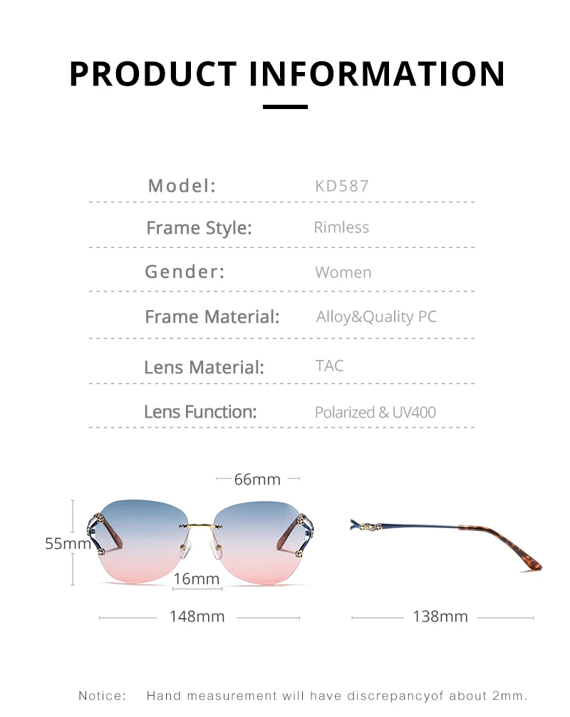 KDEAM поляризованные солнцезащитные очки без оправы для женщин, модный бренд, новинка, градиентные солнцезащитные очки для женщин