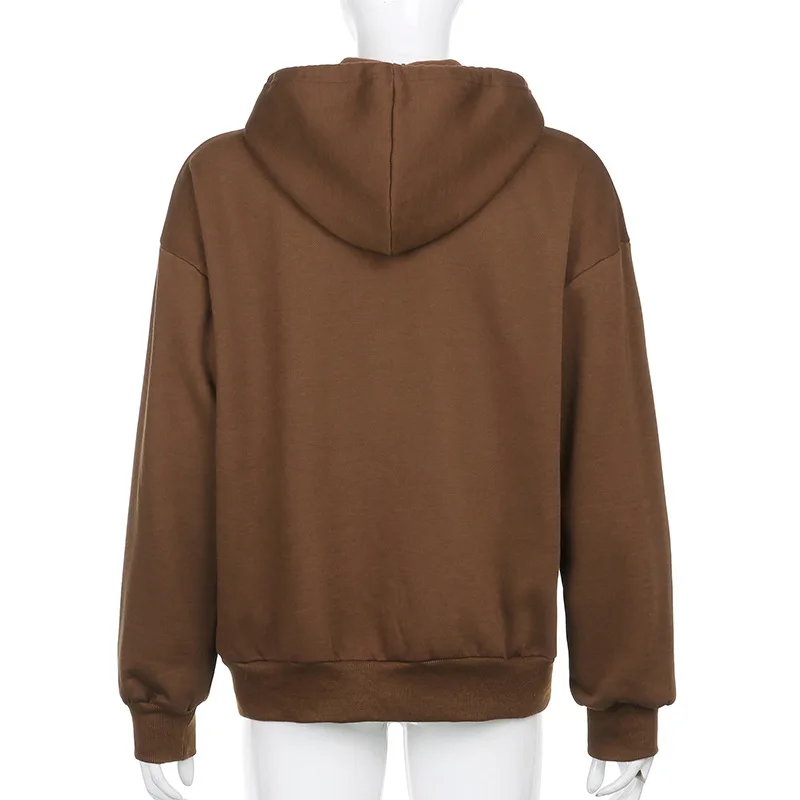 Brown Zip Up Hooded Sweatshirts Women 2021 Vintage Pockets Oversized Jacket Coat Autumn Female Y2K Aesthetic Long Sleeve Hoodie