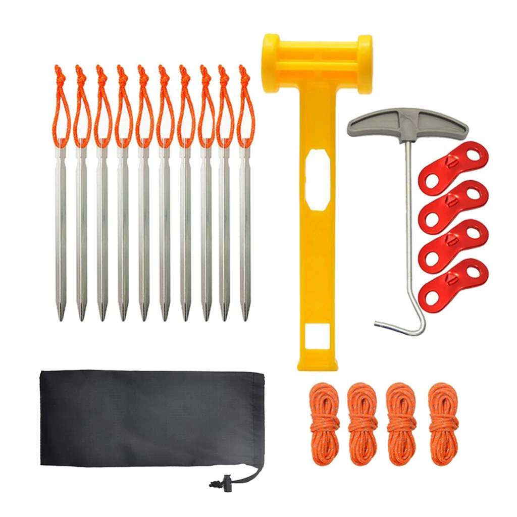 Heavy Duty Aluminum Metal Ground Pegs - Hook Tent Pegs Garden Stakes 7` - Perfect Outdoor Camping Spikes with Tools Kit