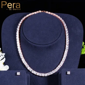 

Pera Classic Big Square Cut Cubic Zirconia 585 Rose Gold Choker Necklace and Earrings Set for Women Wedding Party Jewelry J085