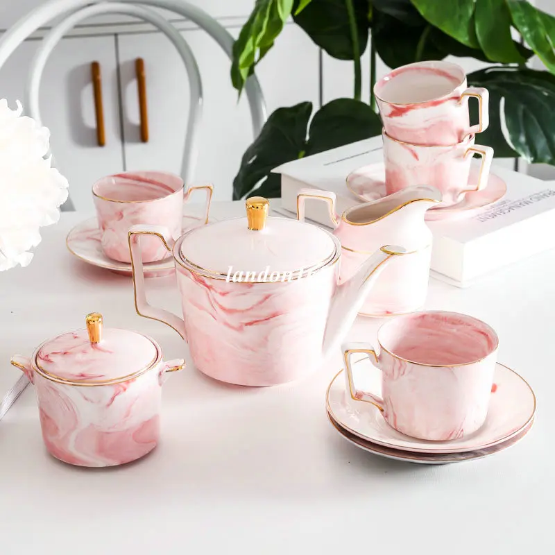 

Bone china Coffee cup set Nordic marble cups and saucers ceramic pink tea cup English afternoon tea set Housewarming gift