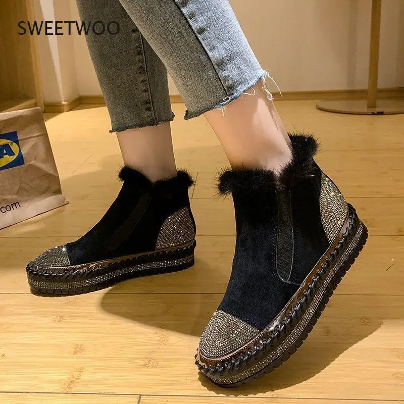 Women Real Mink Fur Warm Shoes Crystal Hand Stitching Luxury Footwear  Winter Slip-on Platform Flats