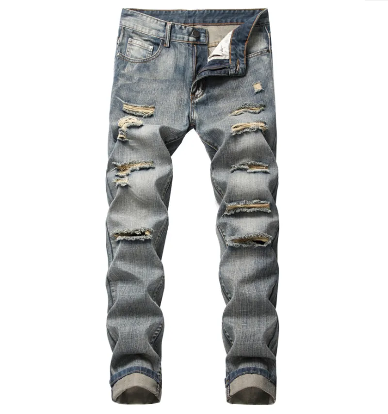 

Denim Trousers Straight Washed with Pleated Ripped holes button skinny biker jeans blue 2019 slim fit jeans men pants hot sale