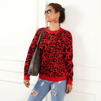 

2 Colors Women Fashion Pullover Leopard Sweaters Autumn Winter Casual Soft Jumper Ladies Slim Femme Leopard Knitwear