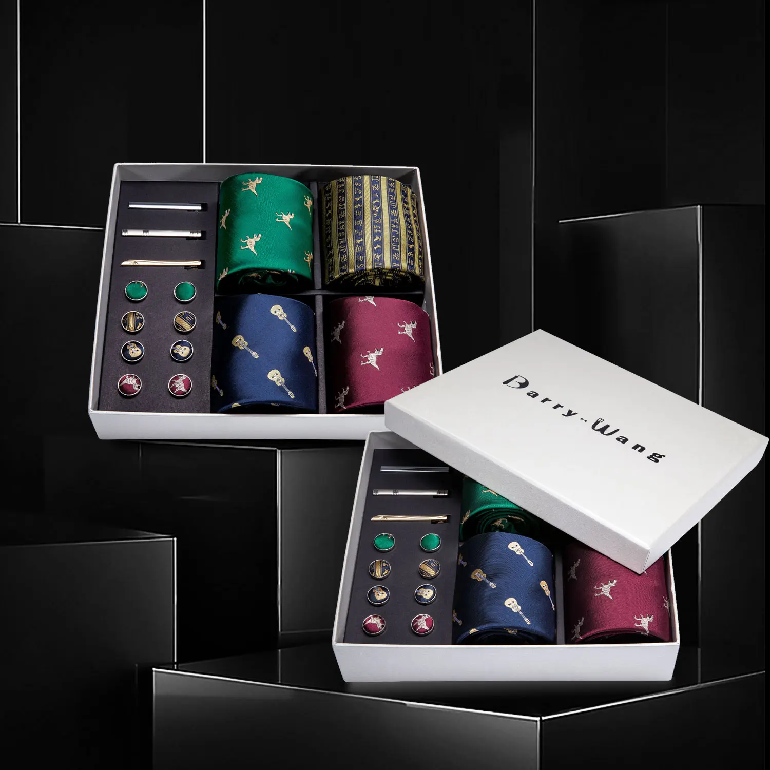 

Gold Men Ties Red Dinosaur Silk Men Wedding Necktie Handkerchief Gift Box Set Male 4pcs Ties For Men Gift Barry.Wang BB4-08