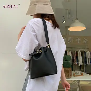 

Fashion PU Leather Shoulder Messenger Bag Women Solid Color Bucket Drawstring Large Capacity Crossbody Handbag Purse