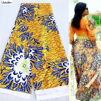 

Yellow Color African Silk garment fabric digital printing satin silk fabrics length 5yards/pcs for DIY fashion clothes !M28-16