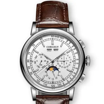 

CORGEUT 42mm white dial moon phase day month display multifunction automatic men watch brown leather strap