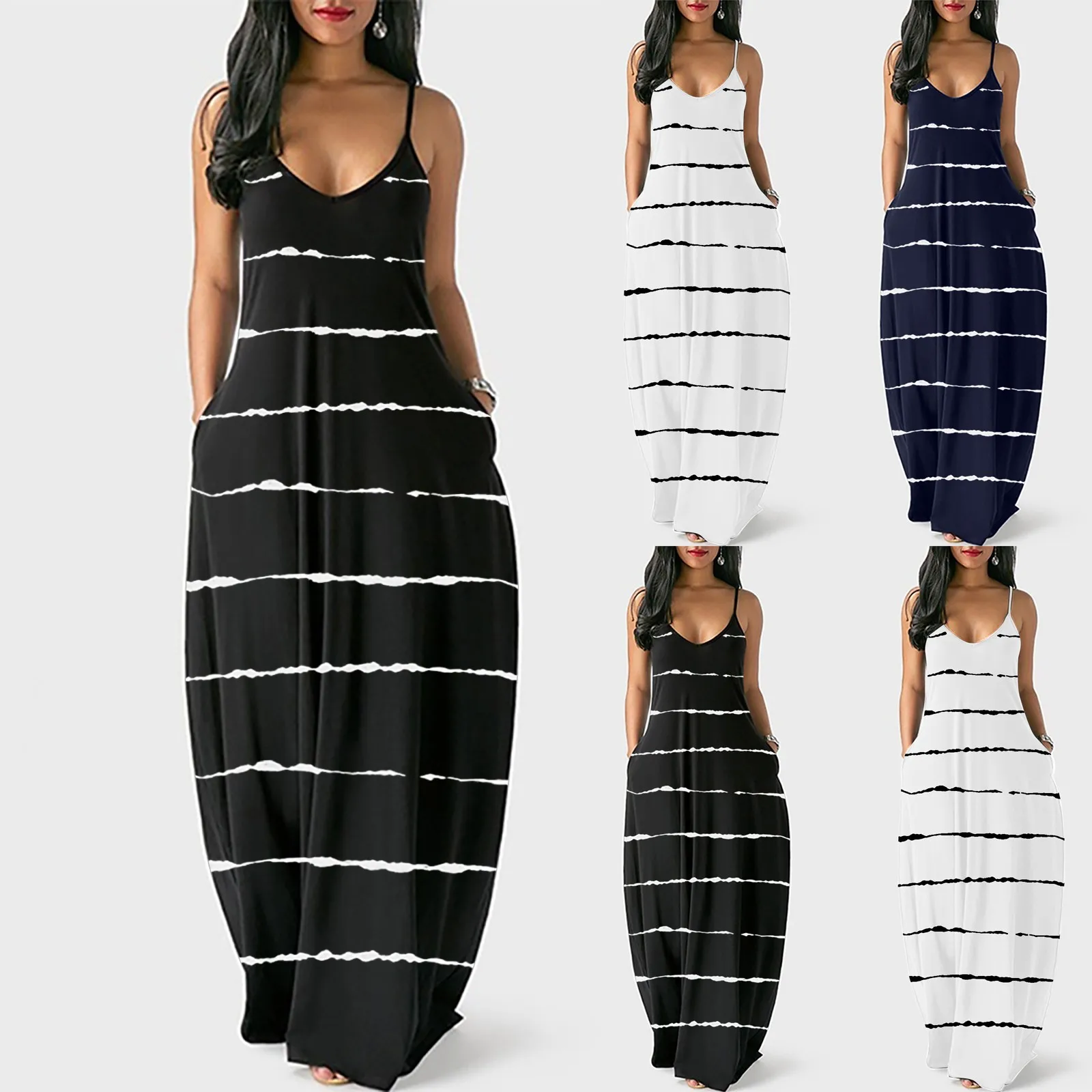 Loose Sexy Long Dress Women Strap Fashion Women's Loose Casual Summer Bandage Striped Print Pocket Sling Sleeveless Dress 1