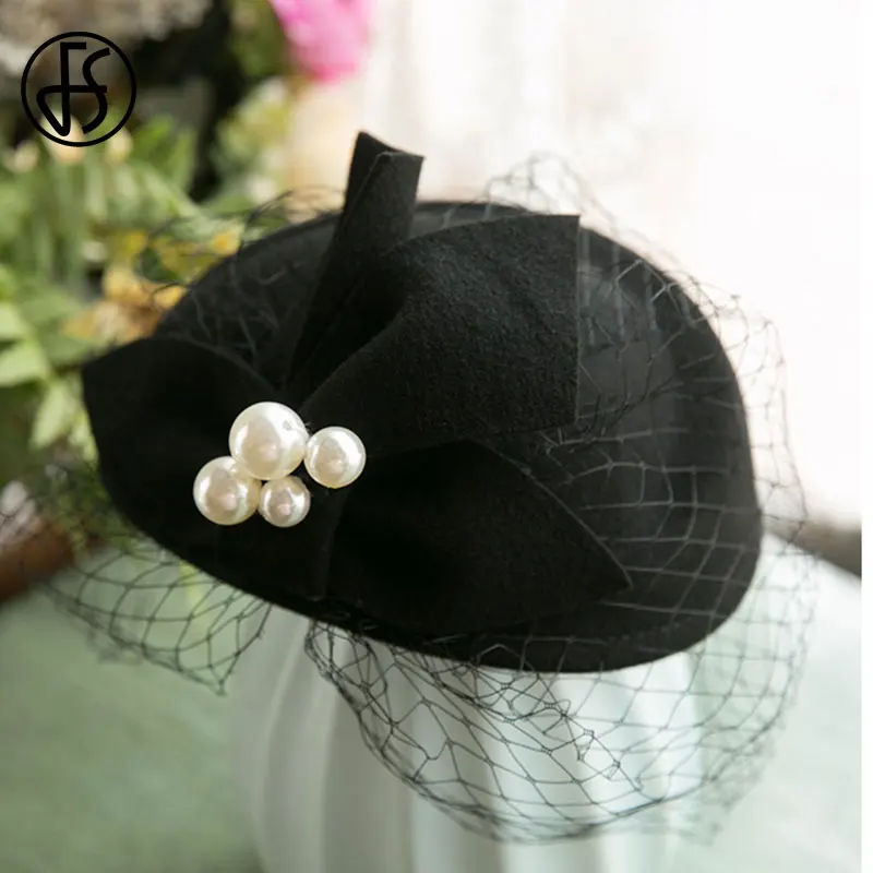 FS Vintage Face Veil Fascinator Hat Women White Wool Felt Beret