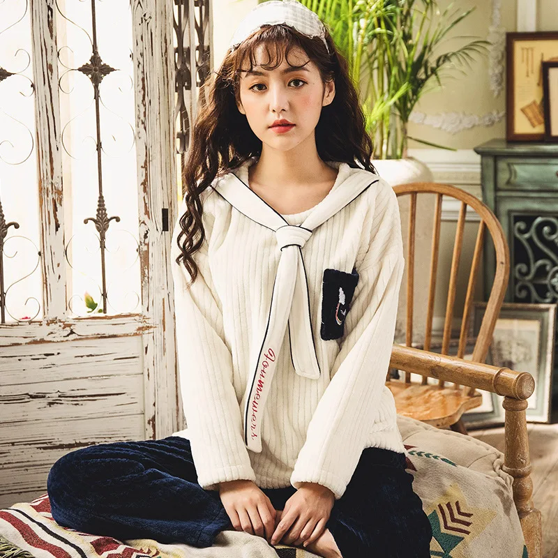 

South Korea Pajamas Women's Flannel Pajamas Set Autumn And Winter Cute Thick WOMEN'S Long Sleeve Warm Home Pajamas