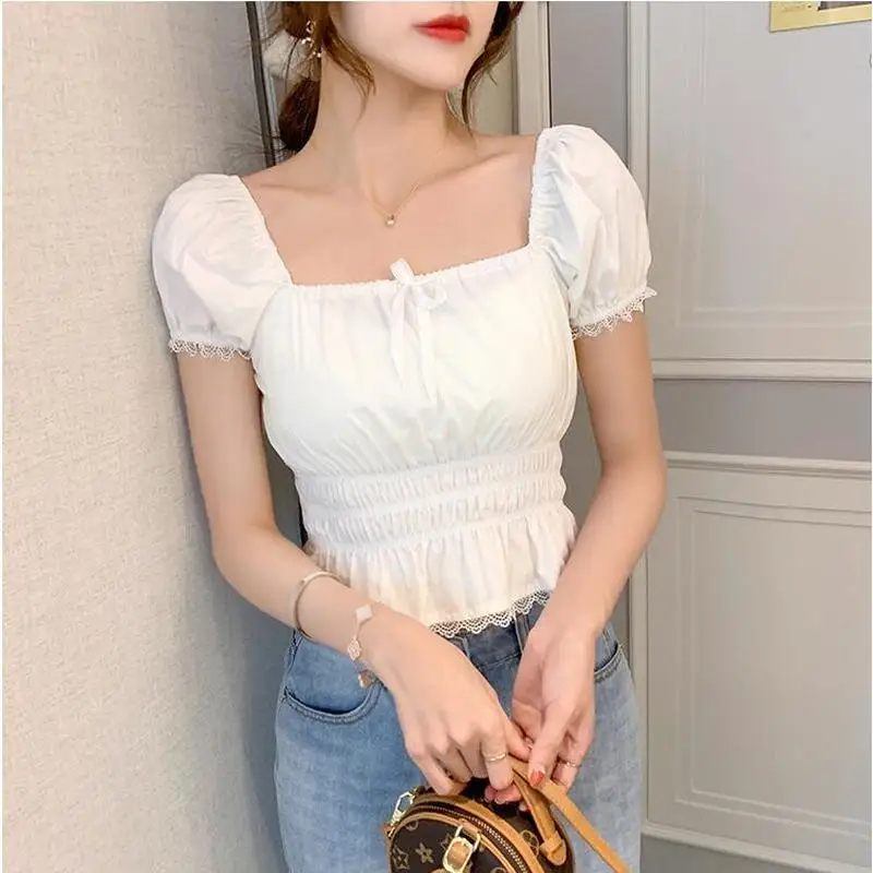 

Semfri 2020 New Summer Women Blouses Sexy Exposed Clavicle Lace Square Collar Shirts Female Bubble Sleeve Chiffon Top