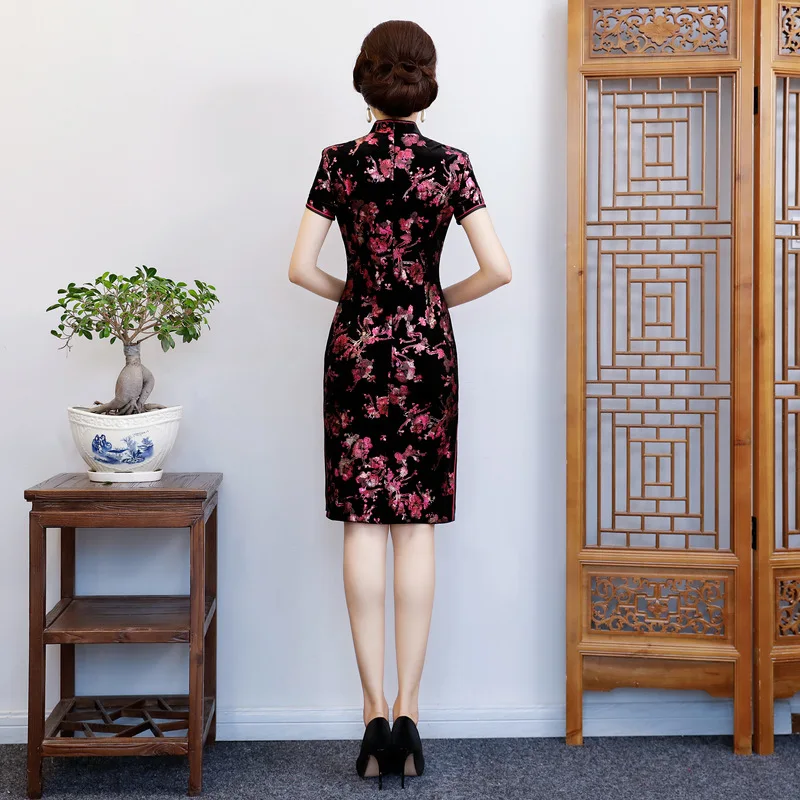 Сексуальное облегающее винтажное женское платье с пуговицами Cheongsam, с цветами, классическое велюровое мини платье Qipao, новинка, китайское платье Vestidos, вечернее платье